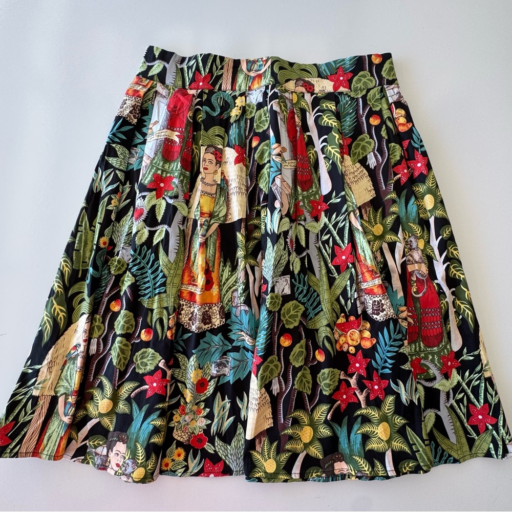 Frida Kahlo Pleated Tropical Floral Printed Skirt Large Cotton
